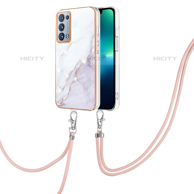 Coque Silicone Motif Fantaisie Souple Couleur Unie Etui Housse avec Laniere Strap Y05B pour Oppo Reno6 Pro 5G Blanc Plus