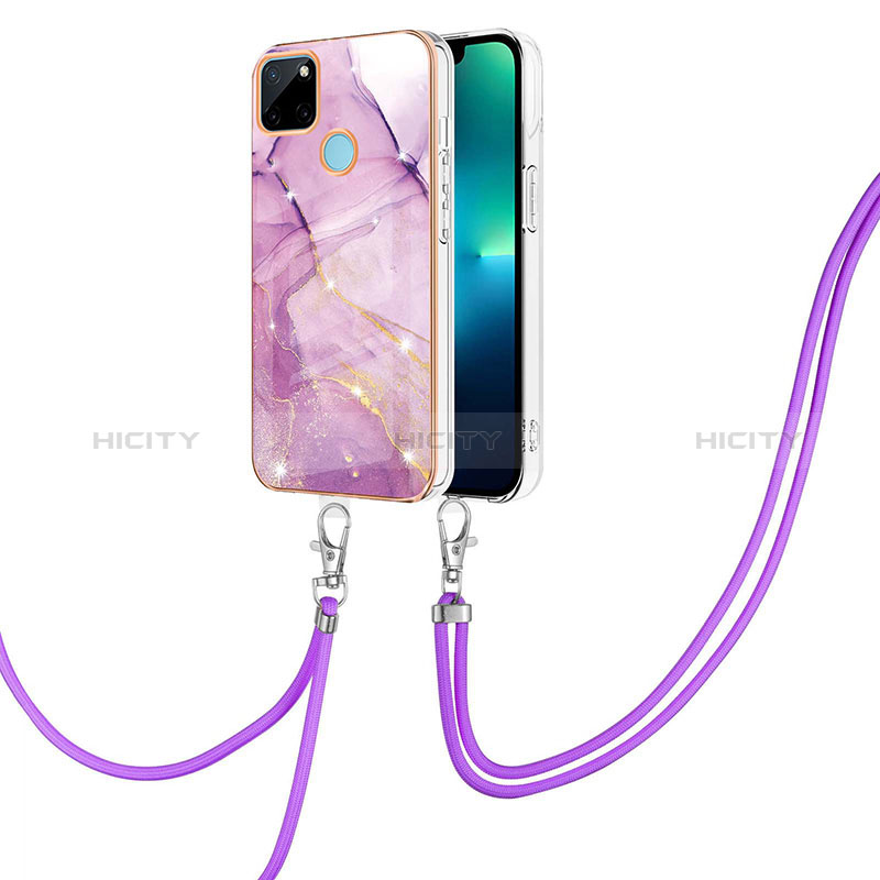 Coque Silicone Motif Fantaisie Souple Couleur Unie Etui Housse avec Laniere Strap Y05B pour Realme C21Y Violet Clair Plus