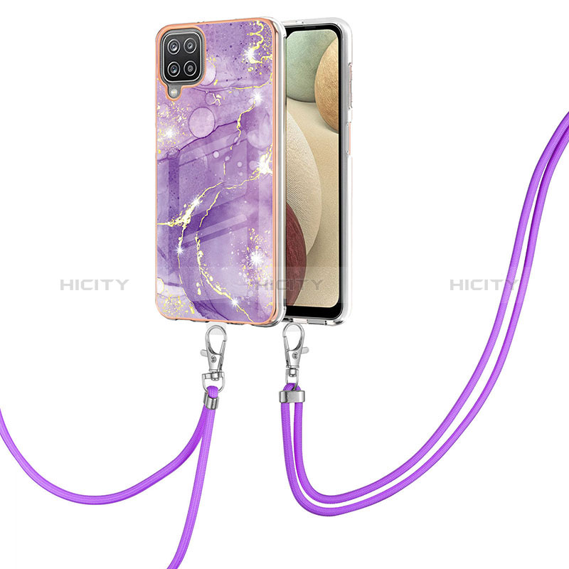 Coque Silicone Motif Fantaisie Souple Couleur Unie Etui Housse avec Laniere Strap Y05B pour Samsung Galaxy A12 5G Violet Plus