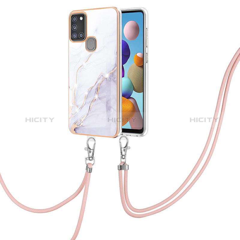 Coque Silicone Motif Fantaisie Souple Couleur Unie Etui Housse avec Laniere Strap Y05B pour Samsung Galaxy A21s Blanc Plus