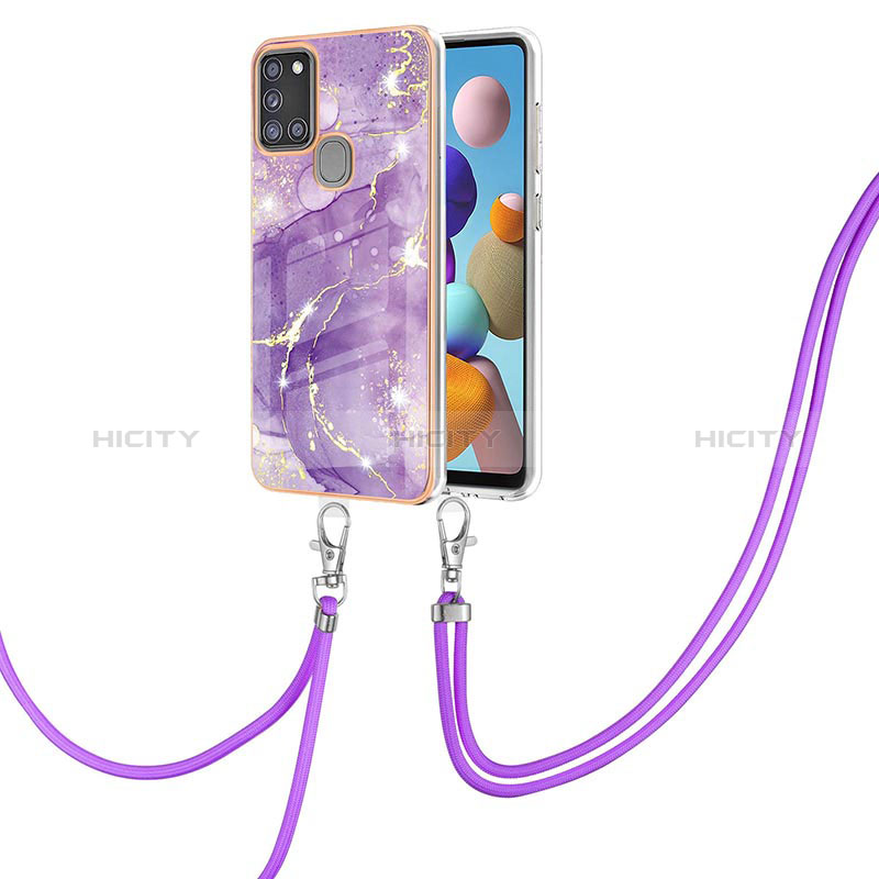 Coque Silicone Motif Fantaisie Souple Couleur Unie Etui Housse avec Laniere Strap Y05B pour Samsung Galaxy A21s Violet Plus