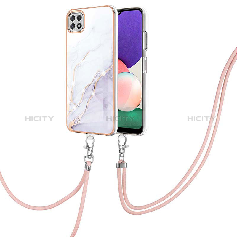 Coque Silicone Motif Fantaisie Souple Couleur Unie Etui Housse avec Laniere Strap Y05B pour Samsung Galaxy A22s 5G Blanc Plus