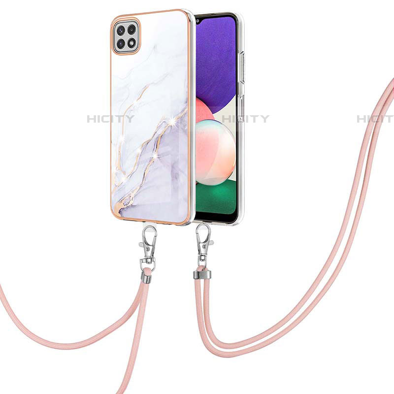 Coque Silicone Motif Fantaisie Souple Couleur Unie Etui Housse avec Laniere Strap Y05B pour Samsung Galaxy F42 5G Blanc Plus