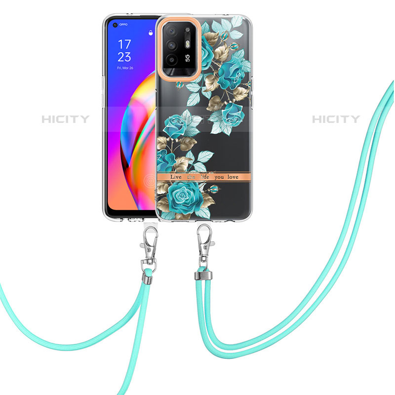 Coque Silicone Motif Fantaisie Souple Couleur Unie Etui Housse avec Laniere Strap Y06B pour Oppo A94 5G Cyan Plus