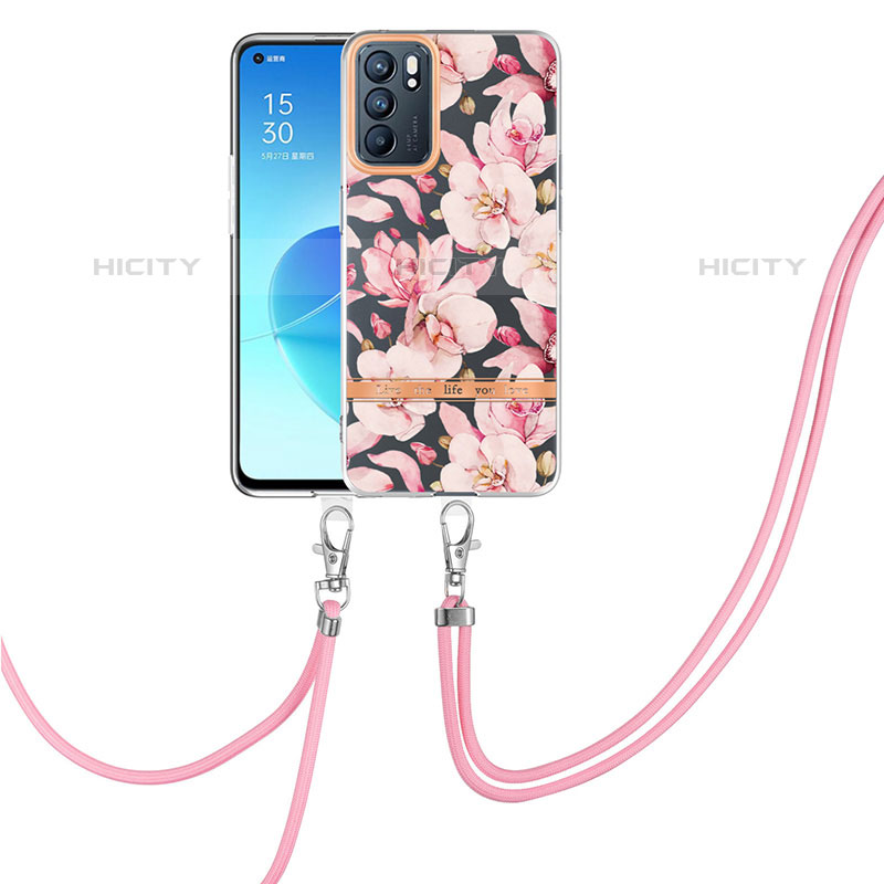 Coque Silicone Motif Fantaisie Souple Couleur Unie Etui Housse avec Laniere Strap Y06B pour Oppo Reno6 5G Rose Plus