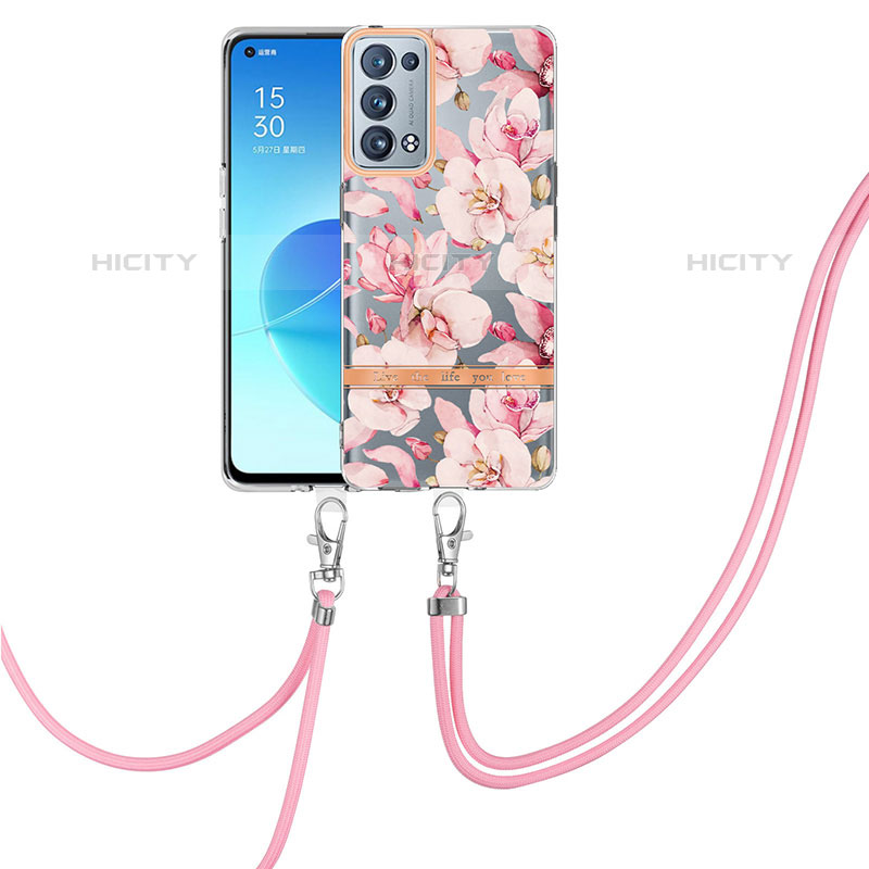 Coque Silicone Motif Fantaisie Souple Couleur Unie Etui Housse avec Laniere Strap Y06B pour Oppo Reno6 Pro 5G Rose Plus