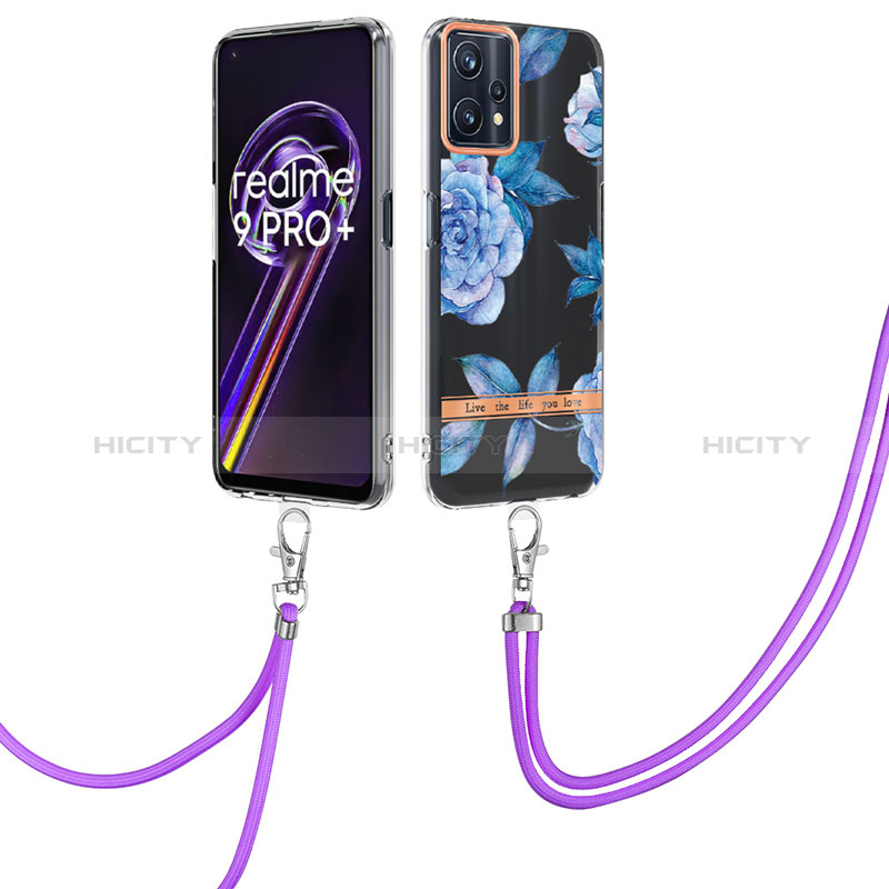 Coque Silicone Motif Fantaisie Souple Couleur Unie Etui Housse avec Laniere Strap Y06B pour Realme 9 Pro+ Plus 5G Bleu Plus