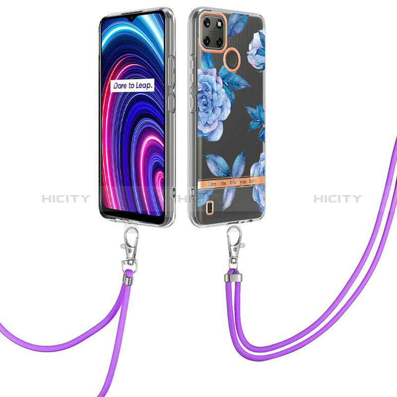 Coque Silicone Motif Fantaisie Souple Couleur Unie Etui Housse avec Laniere Strap Y06B pour Realme C25Y Bleu Plus