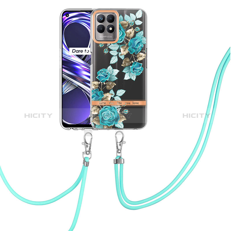 Coque Silicone Motif Fantaisie Souple Couleur Unie Etui Housse avec Laniere Strap Y06B pour Realme Narzo 50 4G Cyan Plus