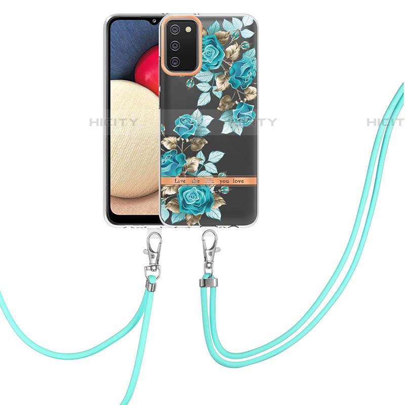 Coque Silicone Motif Fantaisie Souple Couleur Unie Etui Housse avec Laniere Strap Y06B pour Samsung Galaxy A03s Cyan Plus