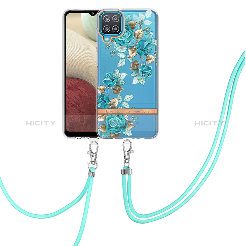 Coque Silicone Motif Fantaisie Souple Couleur Unie Etui Housse avec Laniere Strap Y06B pour Samsung Galaxy A12 5G Cyan Plus