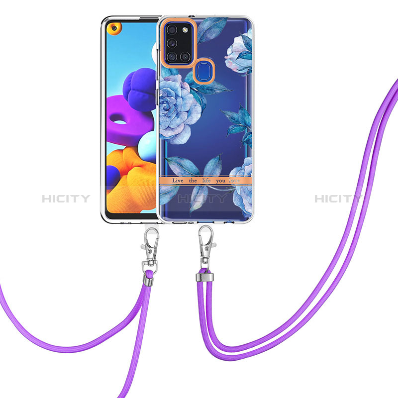 Coque Silicone Motif Fantaisie Souple Couleur Unie Etui Housse avec Laniere Strap Y06B pour Samsung Galaxy A21s Bleu Plus