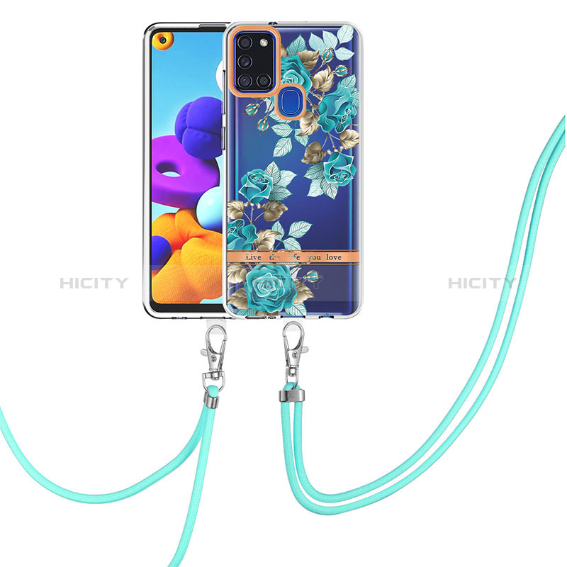 Coque Silicone Motif Fantaisie Souple Couleur Unie Etui Housse avec Laniere Strap Y06B pour Samsung Galaxy A21s Cyan Plus