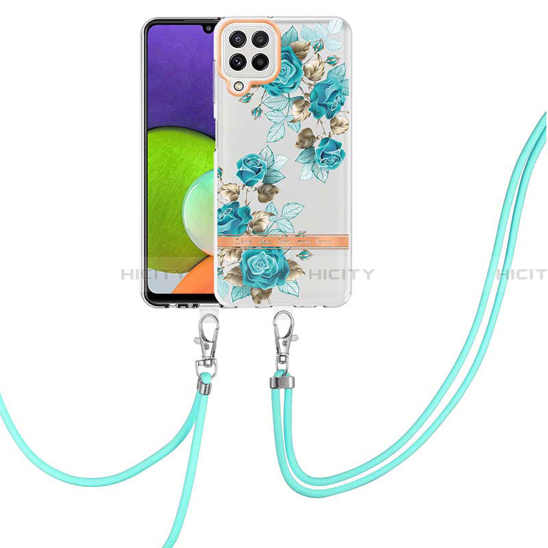 Coque Silicone Motif Fantaisie Souple Couleur Unie Etui Housse avec Laniere Strap Y06B pour Samsung Galaxy A22 4G Cyan Plus