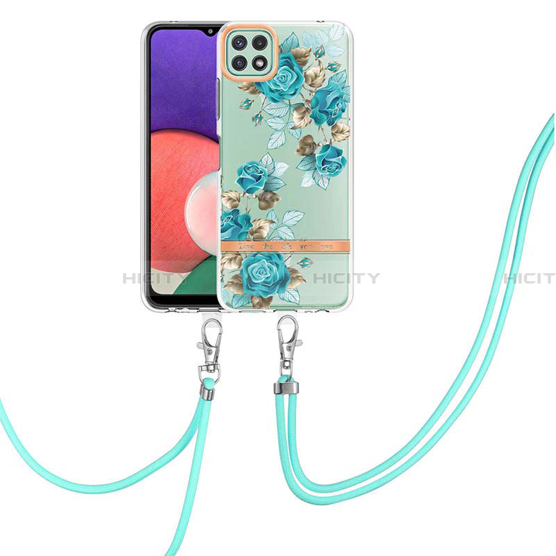 Coque Silicone Motif Fantaisie Souple Couleur Unie Etui Housse avec Laniere Strap Y06B pour Samsung Galaxy A22 5G Cyan Plus