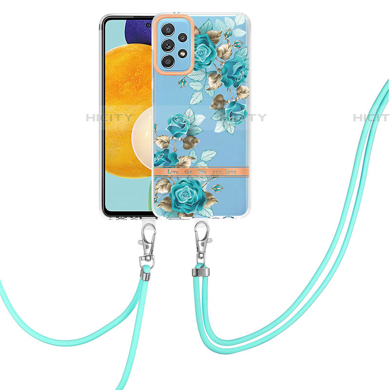 Coque Silicone Motif Fantaisie Souple Couleur Unie Etui Housse avec Laniere Strap Y06B pour Samsung Galaxy A52 4G Cyan Plus