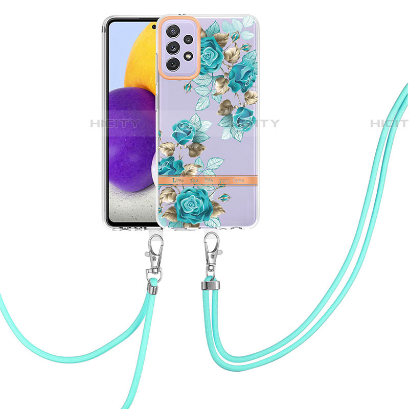 Coque Silicone Motif Fantaisie Souple Couleur Unie Etui Housse avec Laniere Strap Y06B pour Samsung Galaxy A72 4G Cyan Plus