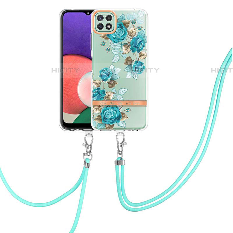 Coque Silicone Motif Fantaisie Souple Couleur Unie Etui Housse avec Laniere Strap Y06B pour Samsung Galaxy F42 5G Cyan Plus