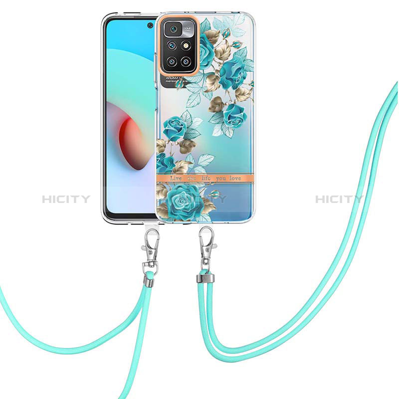 Coque Silicone Motif Fantaisie Souple Couleur Unie Etui Housse avec Laniere Strap Y06B pour Xiaomi Redmi 10 4G Cyan Plus