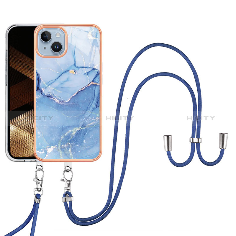 Coque Silicone Motif Fantaisie Souple Couleur Unie Etui Housse avec Laniere Strap Y07B pour Apple iPhone 14 Bleu Plus