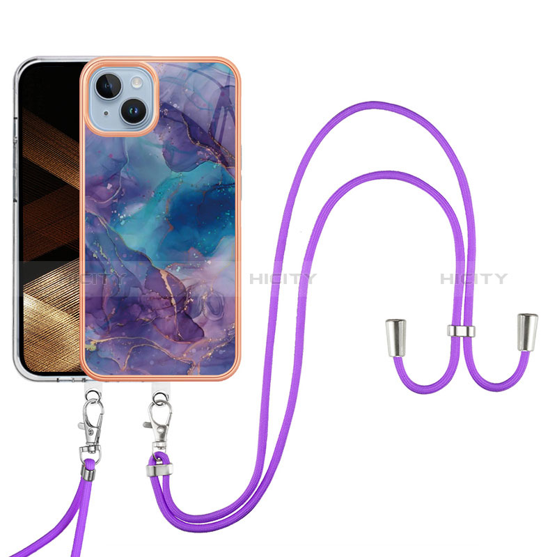 Coque Silicone Motif Fantaisie Souple Couleur Unie Etui Housse avec Laniere Strap Y07B pour Apple iPhone 15 Violet Plus