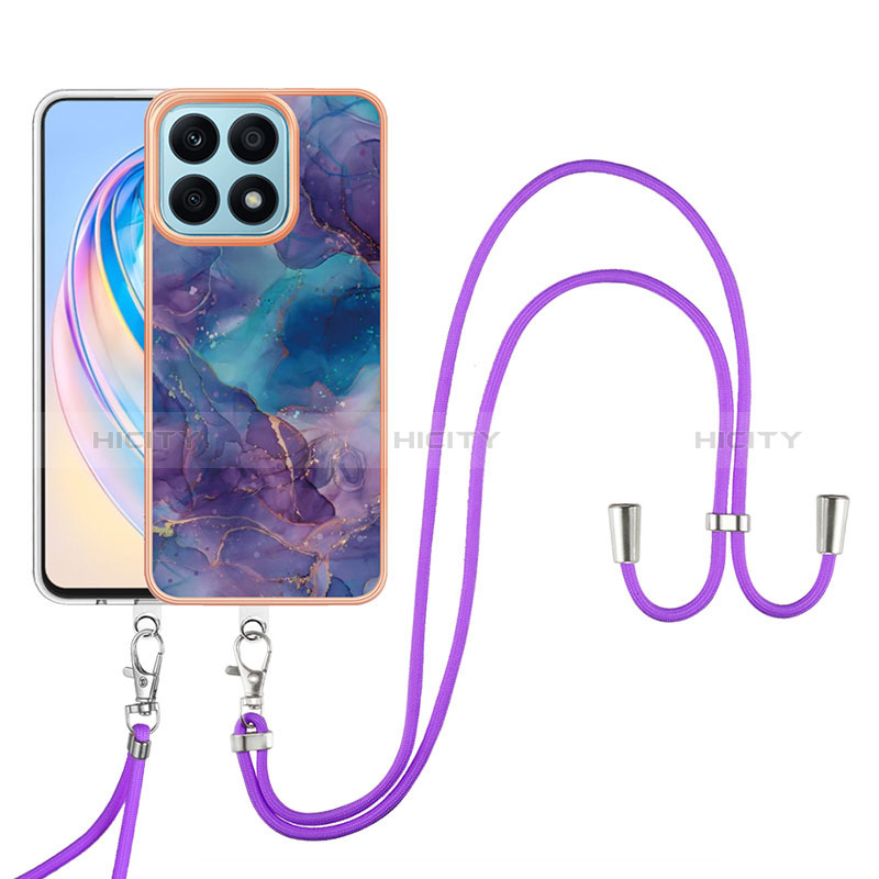 Coque Silicone Motif Fantaisie Souple Couleur Unie Etui Housse avec Laniere Strap Y07B pour Huawei Honor X8a 4G Violet Plus