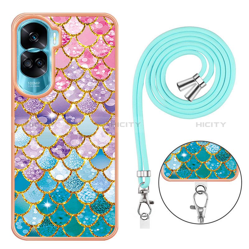 Coque Silicone Motif Fantaisie Souple Couleur Unie Etui Housse avec Laniere Strap YB3 pour Huawei Honor 90 Lite 5G Plus