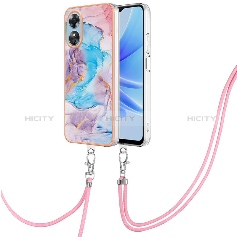 Coque Silicone Motif Fantaisie Souple Couleur Unie Etui Housse avec Laniere Strap YB3 pour Oppo A17 Bleu Plus