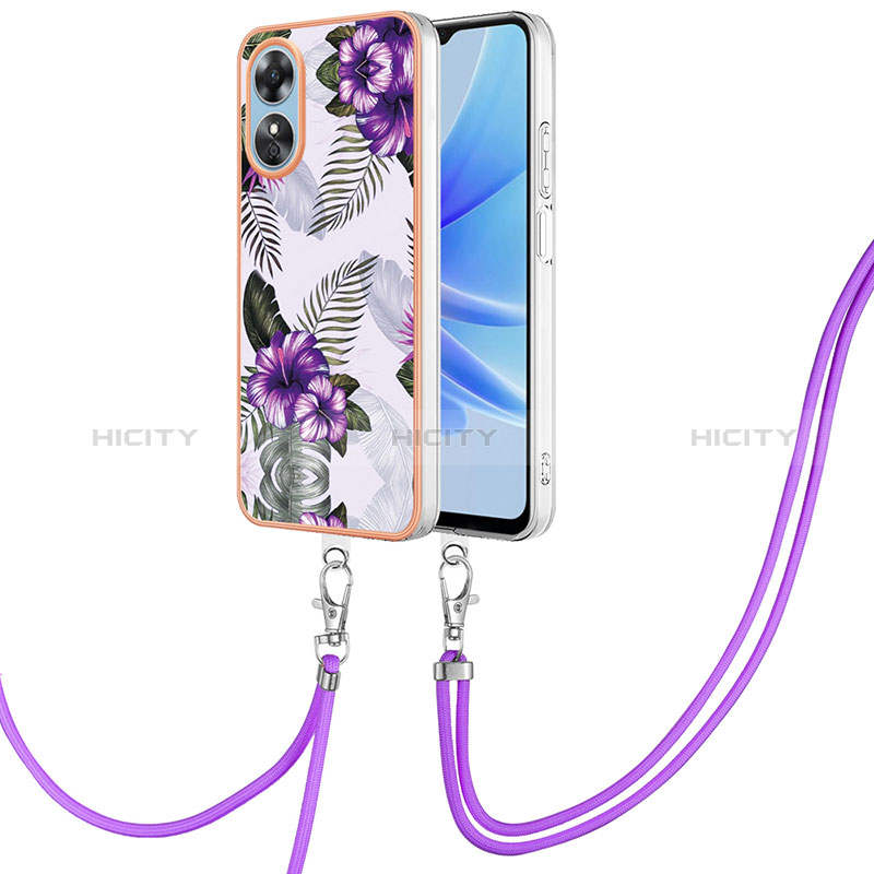 Coque Silicone Motif Fantaisie Souple Couleur Unie Etui Housse avec Laniere Strap YB3 pour Oppo A17 Violet Plus