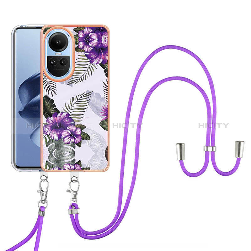 Coque Silicone Motif Fantaisie Souple Couleur Unie Etui Housse avec Laniere Strap YB3 pour Oppo Reno10 5G Violet Plus