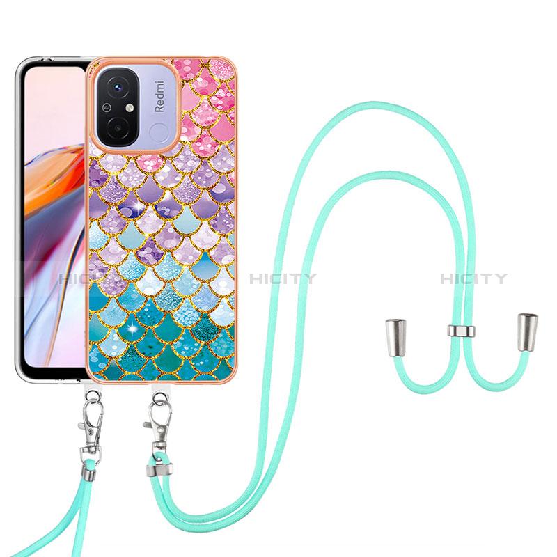 Coque Silicone Motif Fantaisie Souple Couleur Unie Etui Housse avec Laniere Strap YB3 pour Xiaomi Redmi 12C 4G Colorful Plus