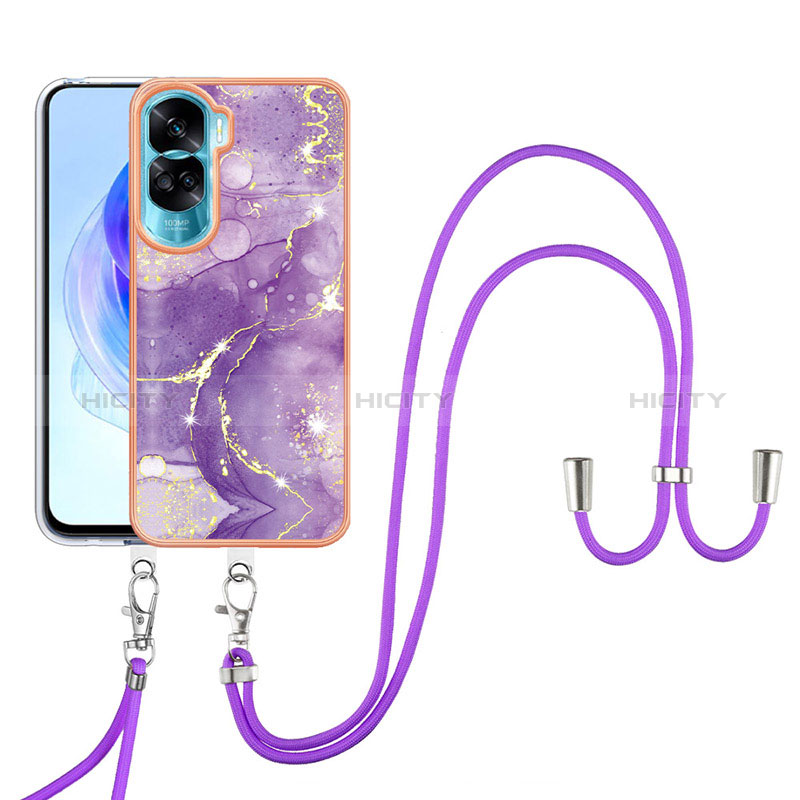 Coque Silicone Motif Fantaisie Souple Couleur Unie Etui Housse avec Laniere Strap YB5 pour Huawei Honor 90 Lite 5G Violet Plus