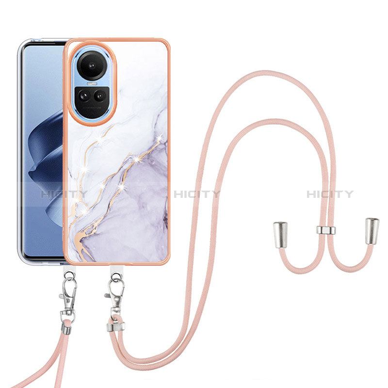 Coque Silicone Motif Fantaisie Souple Couleur Unie Etui Housse avec Laniere Strap YB5 pour Oppo Reno10 Pro 5G Blanc Plus