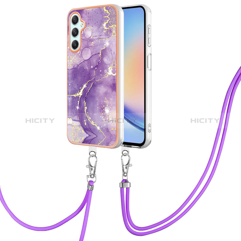 Coque Silicone Motif Fantaisie Souple Couleur Unie Etui Housse avec Laniere Strap YB5 pour Samsung Galaxy A24 4G Violet Plus