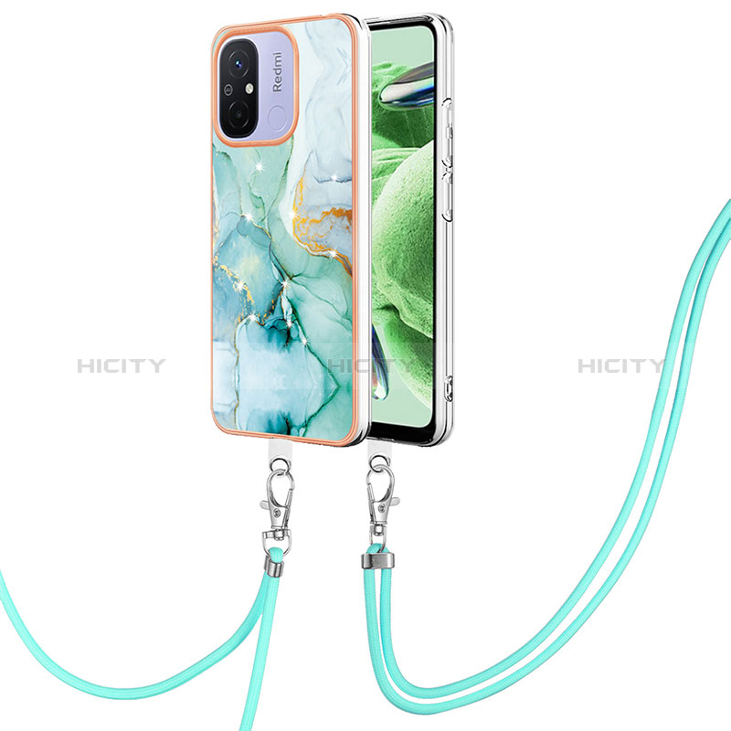 Coque Silicone Motif Fantaisie Souple Couleur Unie Etui Housse avec Laniere Strap YB5 pour Xiaomi Poco C55 Vert Plus