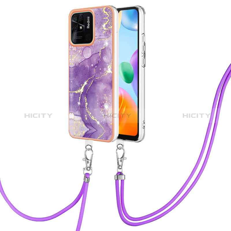 Coque Silicone Motif Fantaisie Souple Couleur Unie Etui Housse avec Laniere Strap YB5 pour Xiaomi Redmi 10 India Violet Plus