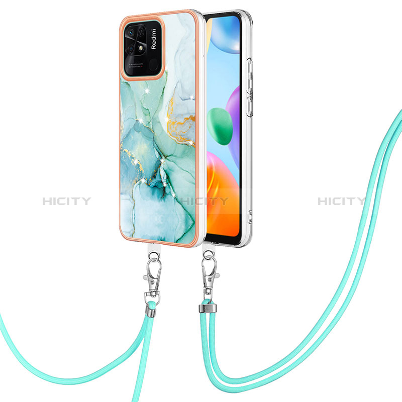 Coque Silicone Motif Fantaisie Souple Couleur Unie Etui Housse avec Laniere Strap YB5 pour Xiaomi Redmi 10 Power Vert Plus