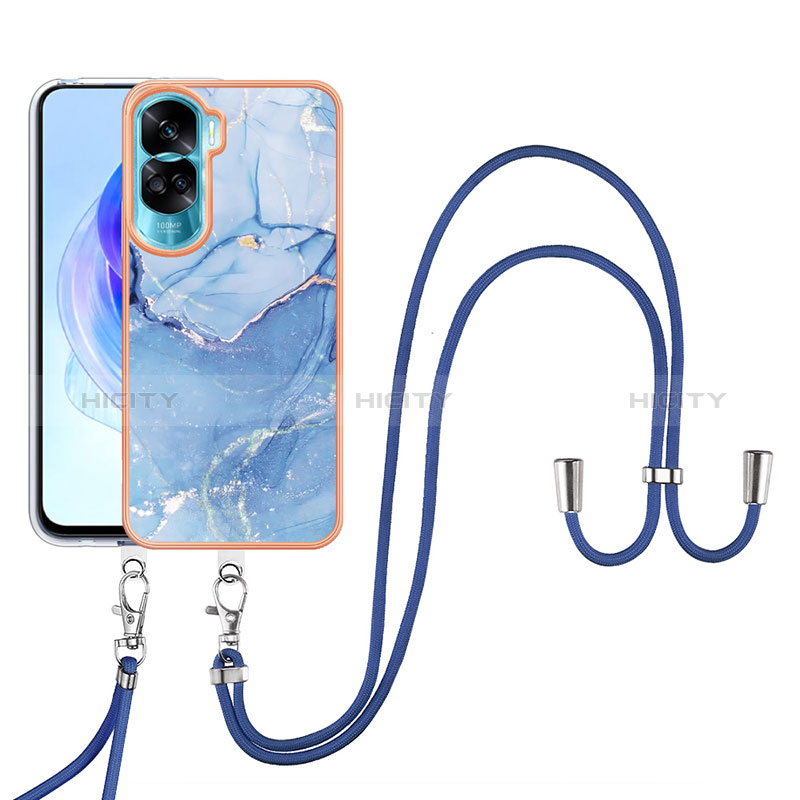 Coque Silicone Motif Fantaisie Souple Couleur Unie Etui Housse avec Laniere Strap YB7 pour Huawei Honor 90 Lite 5G Bleu Plus