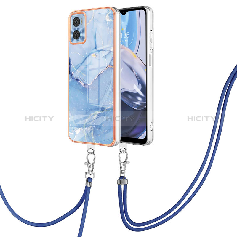 Coque Silicone Motif Fantaisie Souple Couleur Unie Etui Housse avec Laniere Strap YB7 pour Motorola Moto E22 Bleu Plus