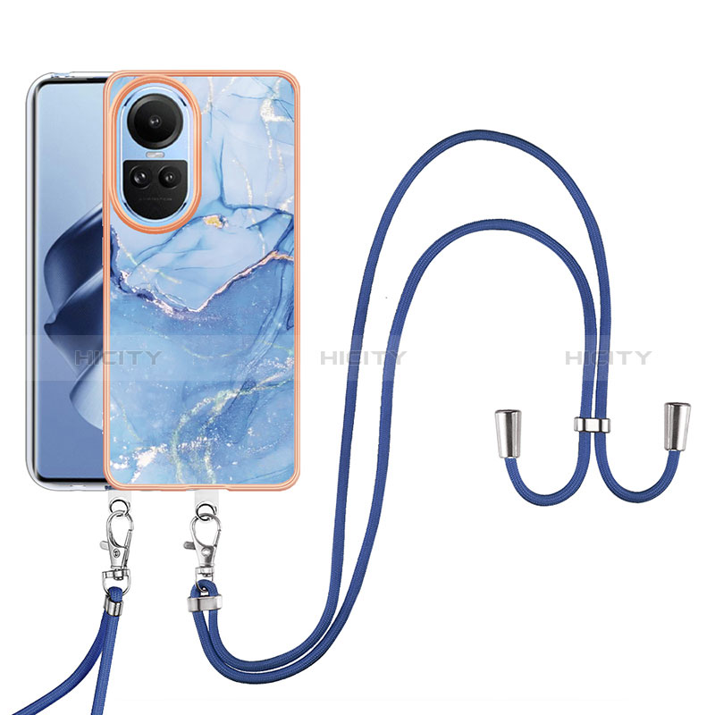 Coque Silicone Motif Fantaisie Souple Couleur Unie Etui Housse avec Laniere Strap YB7 pour Oppo Reno10 5G Bleu Plus