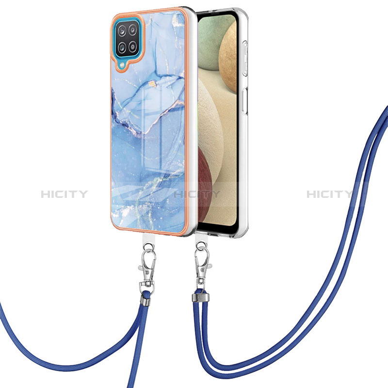 Coque Silicone Motif Fantaisie Souple Couleur Unie Etui Housse avec Laniere Strap YB7 pour Samsung Galaxy A12 5G Bleu Plus