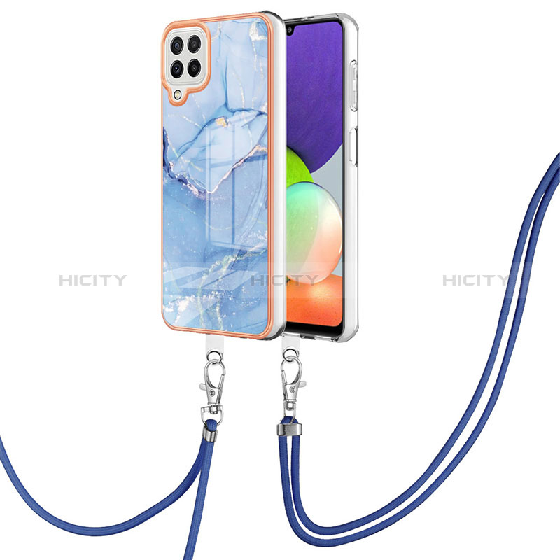 Coque Silicone Motif Fantaisie Souple Couleur Unie Etui Housse avec Laniere Strap YB7 pour Samsung Galaxy A22 4G Bleu Plus