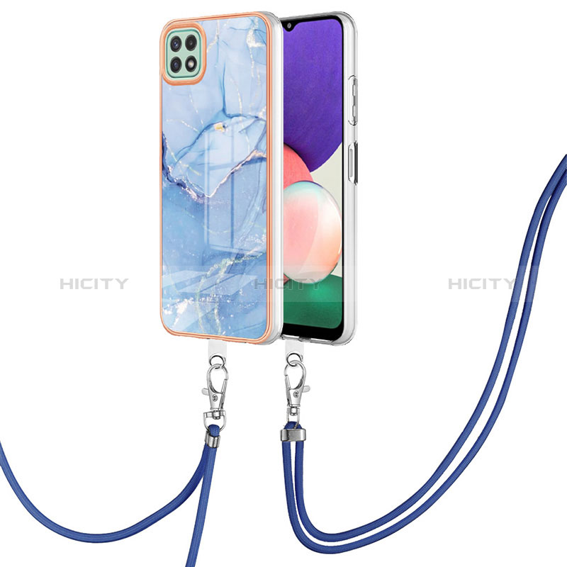 Coque Silicone Motif Fantaisie Souple Couleur Unie Etui Housse avec Laniere Strap YB7 pour Samsung Galaxy A22 5G Bleu Plus