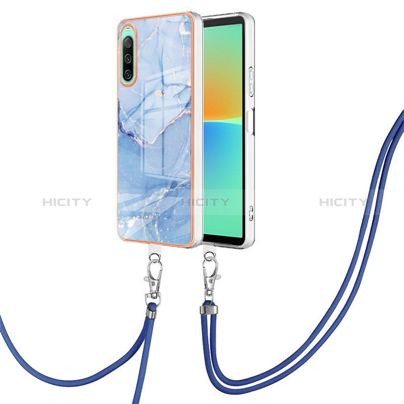 Coque Silicone Motif Fantaisie Souple Couleur Unie Etui Housse avec Laniere Strap YB7 pour Sony Xperia 10 IV Bleu Plus