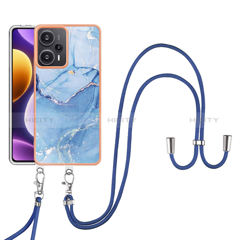 Coque Silicone Motif Fantaisie Souple Couleur Unie Etui Housse avec Laniere Strap YB7 pour Xiaomi Poco F5 5G Bleu Plus