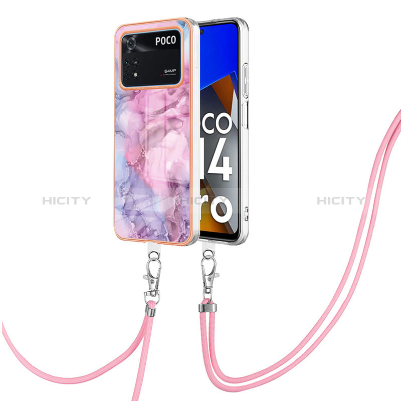 Coque Silicone Motif Fantaisie Souple Couleur Unie Etui Housse avec Laniere Strap YB7 pour Xiaomi Poco M4 Pro 4G Violet Clair Plus