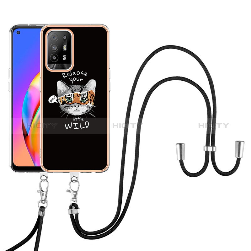 Coque Silicone Motif Fantaisie Souple Couleur Unie Etui Housse avec Laniere Strap YB8 pour Oppo A94 5G Noir Plus