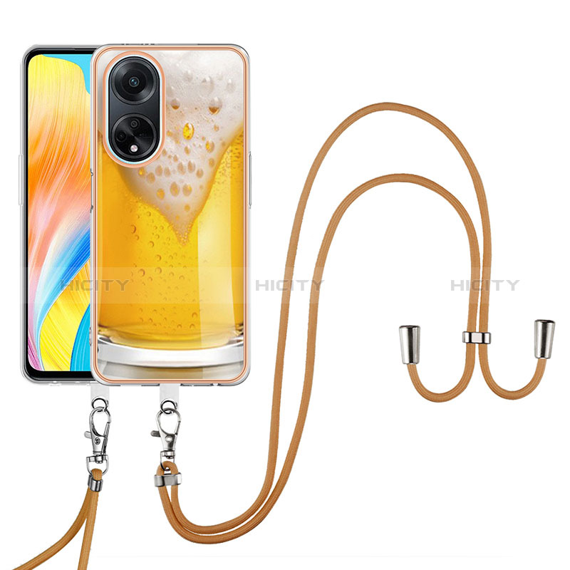 Coque Silicone Motif Fantaisie Souple Couleur Unie Etui Housse avec Laniere Strap YB8 pour Oppo A98 5G Jaune Plus