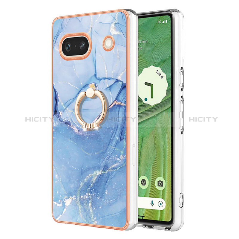 Coque Silicone Motif Fantaisie Souple Couleur Unie Etui Housse avec Support Bague Anneau Y01B pour Google Pixel 7a 5G Bleu Plus