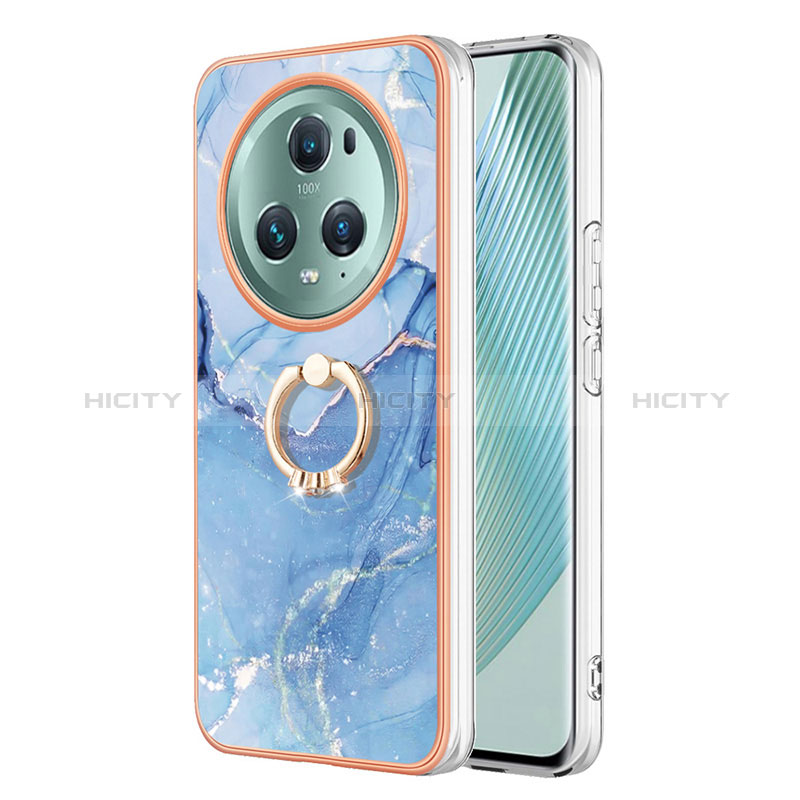 Coque Silicone Motif Fantaisie Souple Couleur Unie Etui Housse avec Support Bague Anneau Y01B pour Huawei Honor Magic5 Pro 5G Bleu Plus